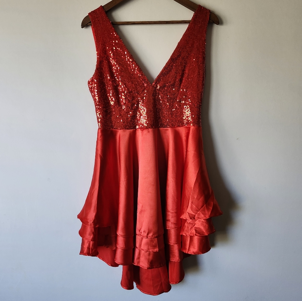 Red Sequin Mini Flounce Dress size M